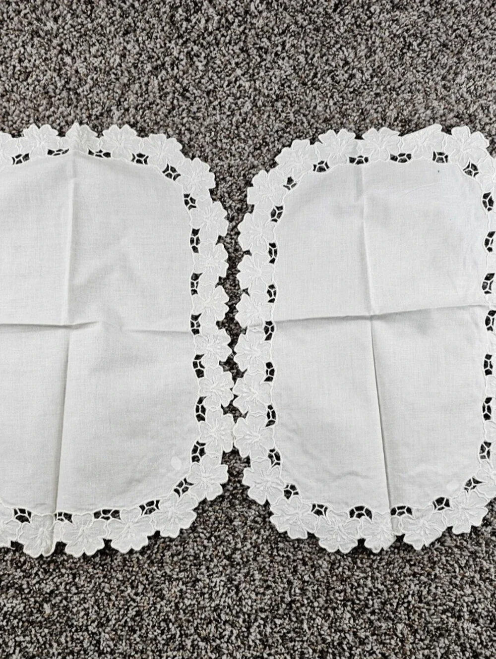 Set of 2 Vintage white cotton dresser scarves w/ cutwork embroidery Cottagecore